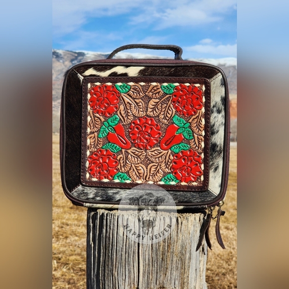 American Darling Floral Handtooled Leather and Genuine Cowhide Jewelry Case. - Picture 5 of 7